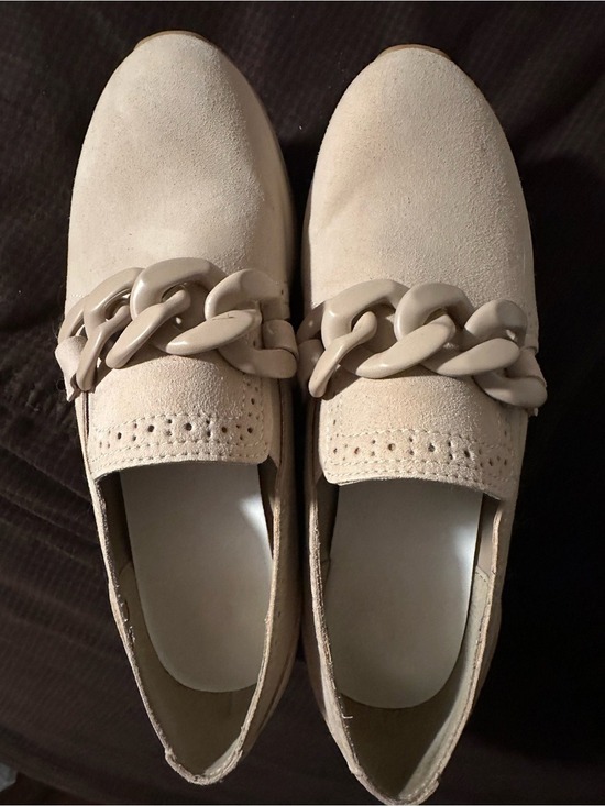 Shoes - Beige Suede Loafers with Chunky Chain Accent